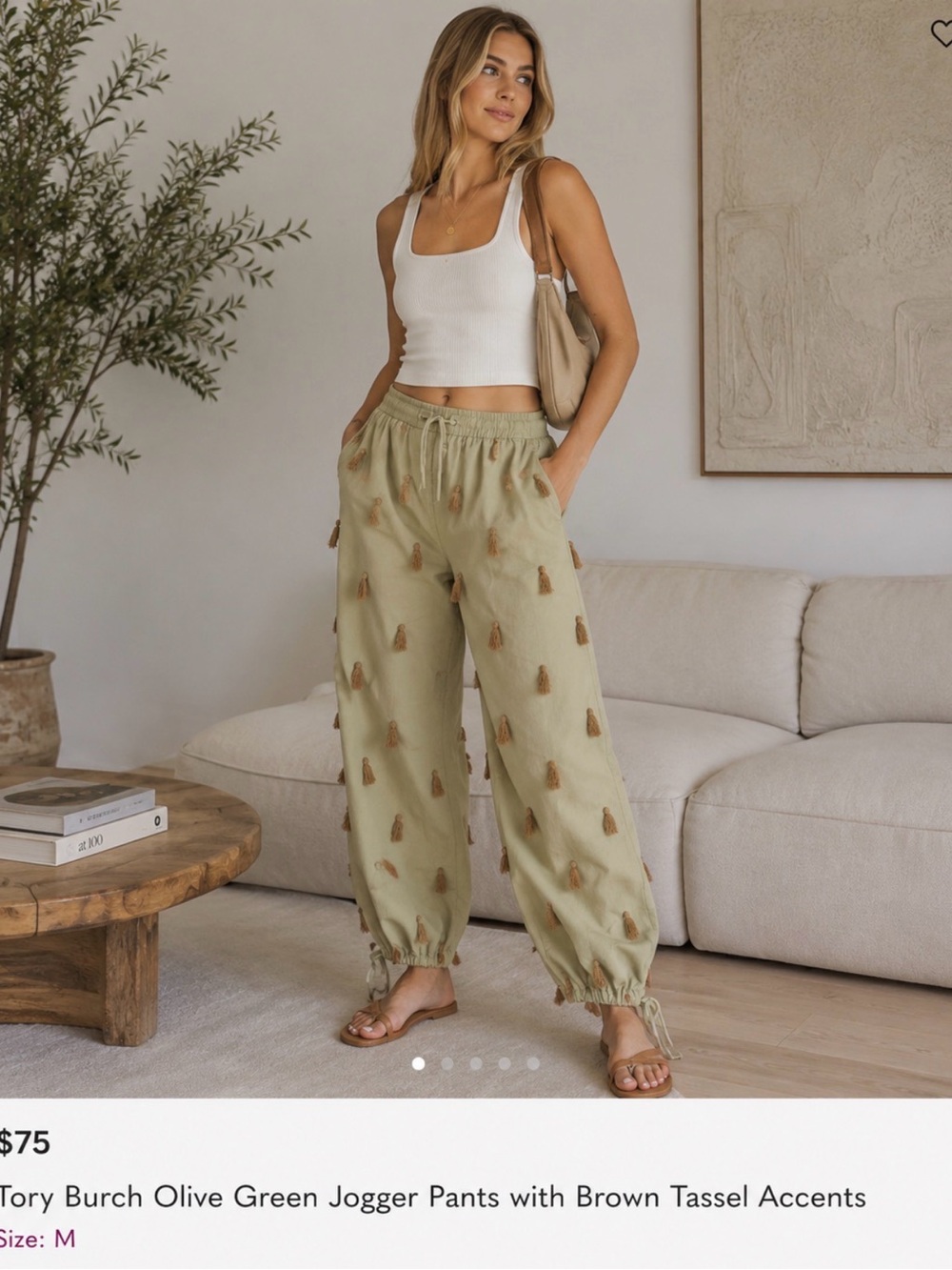 Tory Burch Olive Green Jogger Pants with Brown Tassel Accents